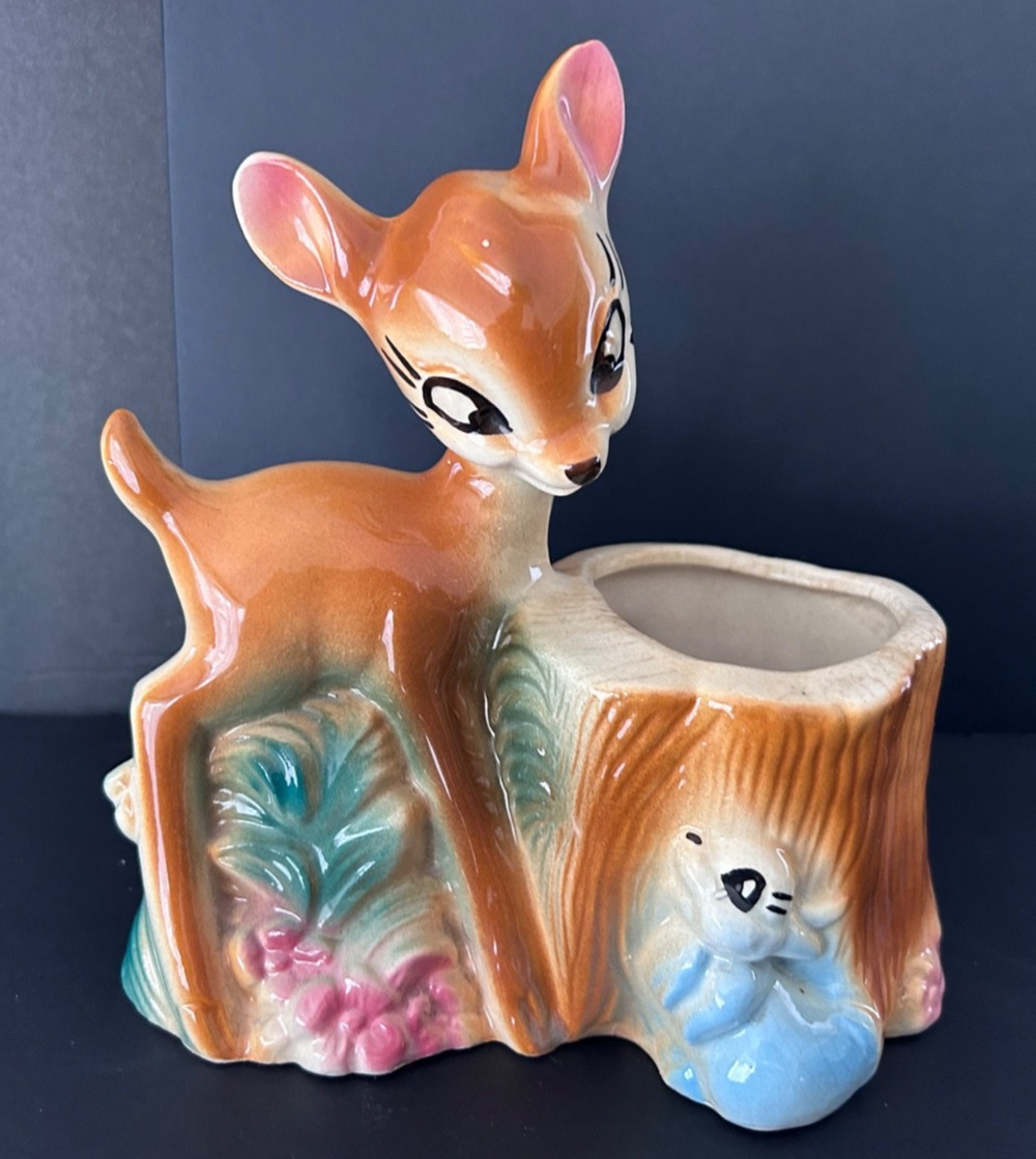 Bambi and Thumper Walt Disney Planter Ceramic Glossy Vintage 6 x 7 Inch